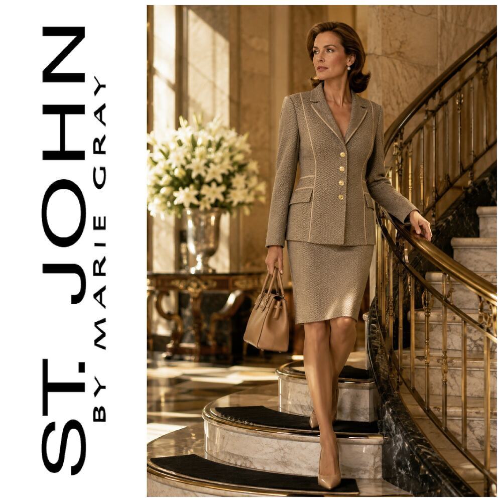 NWT St. John Collection Marie Gray Sz 10 Terra Sand Knit Skirt Suit Set Wool